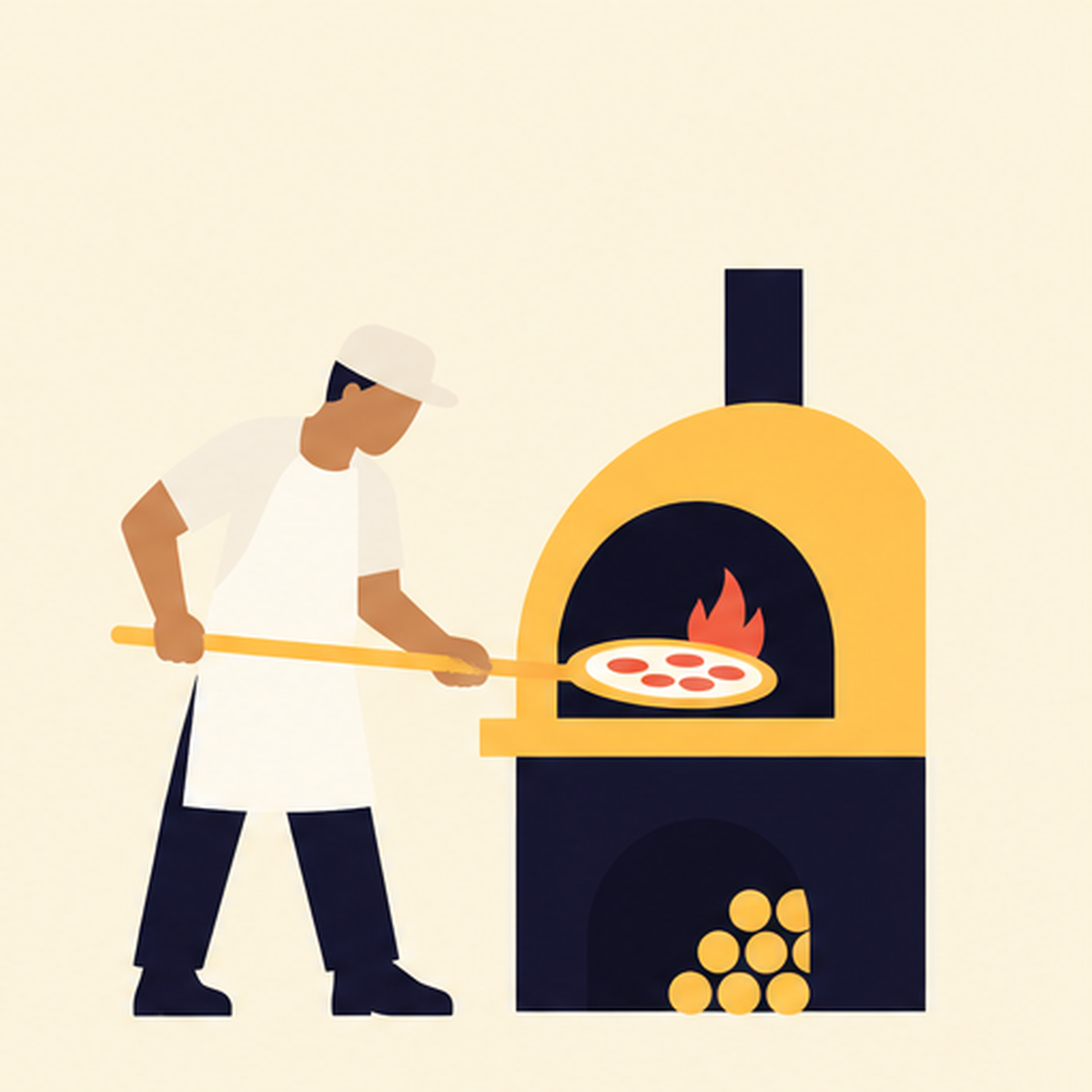 Illustration of a pizza baker at a wood-fired oven