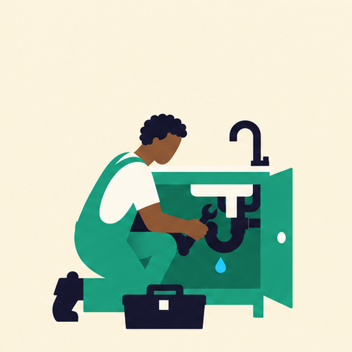 Illustration of a plumber working under a sink